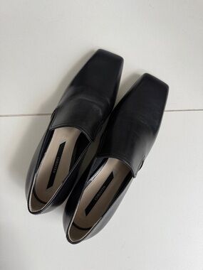 Black Leather Square-Toe Heels by